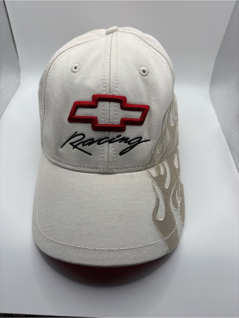 Vintage Chevrolet Racing Flame Hat Adjustable White Chevy Bowtie Cap